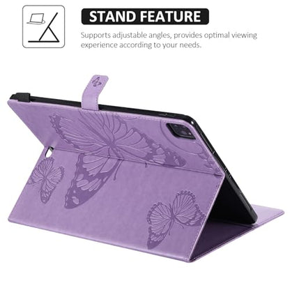 Dteck Wallet Case for iPad Air 13 Inch M2 2024 & iPad Pro 12.9 2022/2021/2020/2018 with Pencil Holder,Embossed Butterfly Auto Sleep/Wake PU Leather Smart Stand Girls Cute Folio Pocket Cover,Purple - color: 10 Purple