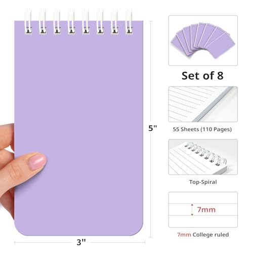 Taja Set of 8 Mini Pocket Notebook Top Spiral Nursing Notepads | Lilac Purple 3" x 5", Mini Little Spiral Notebook, Nursing Notepad, Perfect for Work, School, Office, Nurse, Travel - color: H.Lilac Purple