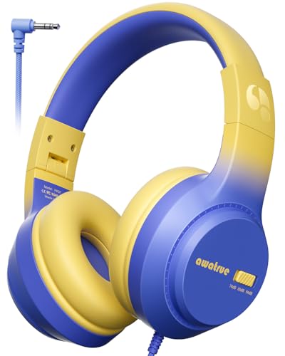 awatrue Kids Headphones, 74/85/94dB Volume Limiter, Foldable Wired Over Ear Headphones for Travel, 3.5mm Jack, Toddler Headphones for School, Chromebook, iPad, Tablet, Blue Yellow - color: Blue Yellow