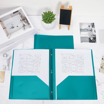 Yeaqee 60 Pcs Plastic Folders with Pockets and Prongs Plastic Folder 2 Pockets 3 Prongs with Business Card Slot Back to School Folders for Students, Teachers, Office Workers (Turquoise)