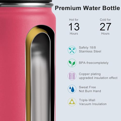 koodee Kids 16oz Stainless Steel Vacuum Insulated Water Bottle for Back to School Wide Mouth Flask with Leakproof Spout Lid (Pink Red) - color: Pink Red, size: 16 Ounces