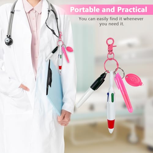 5 Pcs Nurse Accessories Pen Set, Nursing Essentials Include Badge Keychain Clip, Mini Highlighter, Permanent Marker, Ballpoint Pen and LED Keychain Flashlight, Pink - color: Pink