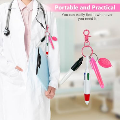 5 Pcs Nurse Accessories Pen Set, Nursing Essentials Include Badge Keychain Clip, Mini Highlighter, Permanent Marker, Ballpoint Pen and LED Keychain Flashlight, Pink - color: Pink
