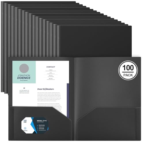 Gueevin 100 Pack Plastic Folder with Pockets, 2 Pocket Folders, Plastic Glossy Folders Fit Letter Size Paper, Heavy Duty Durable File Folder with Business Card for Home Office School (Black) - color: Black