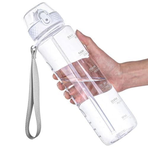 GOPPUS 32oz Clear Motivational Water Bottle with Straw & Time Marker, BPA Free Tritan Leakproof Sports Bottle, Wide Mouth Reusable Bottle for Gym, Hiking, Travel, School & Office（Clear） - color: A-Clear