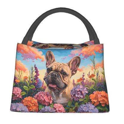 French Bulldog and Garden Insulated Lunch Box for Women Dog Lovers, Cute Puppy Pattern Tote Lunchbags, Reusable Cooler Lunchbox & Makeup Bag Gifts for Work, School, Picnic, Office - color: French Bulldog 02