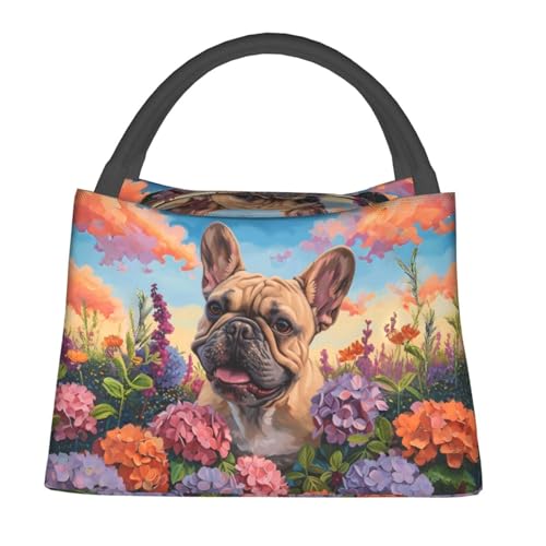 French Bulldog and Garden Insulated Lunch Box for Women Dog Lovers, Cute Puppy Pattern Tote Lunchbags, Reusable Cooler Lunchbox & Makeup Bag Gifts for Work, School, Picnic, Office - color: French Bulldog 02