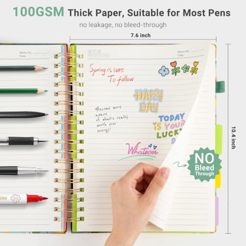 Hardcover Spiral Journal Notebook, 300 Pages 5 Subject Notebook College Ruled with Removable Dividers Tabs, 8" x 10" Notebooks for Work, Spiral Ruled Lined Writing Journal Hardcover Leather Notebook for School (Lemons and Flowers, 8''x 10'') - color: Lemo