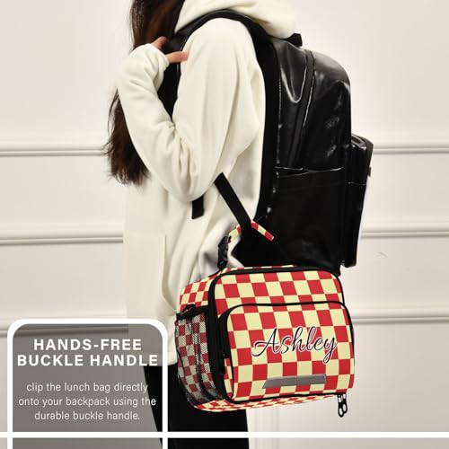 Custom Student Lunch Bag for Boys Girls Red Yellow Checkerboard Personalized Lunch Box With Name Insulated Cooler Bag for School Picnic Travel - color: Multi04