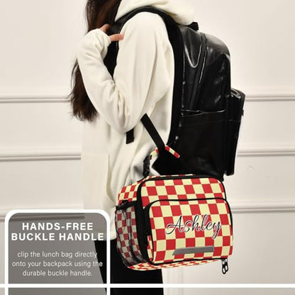 Custom Student Lunch Bag for Boys Girls Red Yellow Checkerboard Personalized Lunch Box With Name Insulated Cooler Bag for School Picnic Travel - color: Multi04