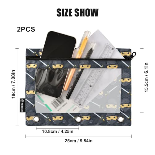 Binder Pencil Pouches Ninja Pattern Pen Case Black | Clear Window 3 Rings, Cosmetic Bags School Office Supplies Cosmetic Makeup Bag 2 Psc - color: Multi-ninja