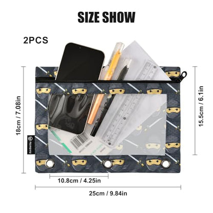 Binder Pencil Pouches Ninja Pattern Pen Case Black | Clear Window 3 Rings, Cosmetic Bags School Office Supplies Cosmetic Makeup Bag 2 Psc - color: Multi-ninja