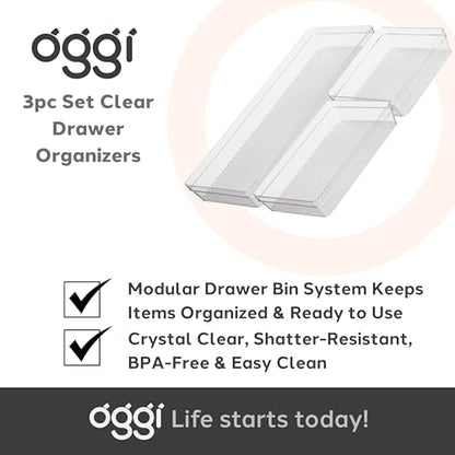 Oggi Set of 3 Clear Drawer Organizers - (1) 6x6.25, (1) 6.25x9.25, (1) 6.25x15.75 - Ideal for Organizing Kitchen Drawers, Office, Desk, Silverware, Kitchen Utensils, Cosmetics and Bathrooms - size: Set of 3