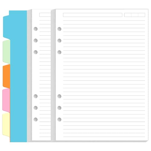 A5 Refill Paper - 6 Hole Planner Inserts for A5 Binder, 200 Pages 6 Ring Loose Leaf Lined Paper with 5 Colorful Binder Dividers, 5.8" x 8.5" - style: 6-Hole Punched