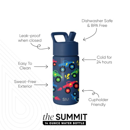 Simple Modern Kids Water Bottle with Straw Lid | 14oz Insulated Stainless Steel Kids Tumbler & Spill Proof Toddler Cup for School, Girls, Boys | Summit | Monster Truck Rally - color: -Monster Truck Rally, size: 14 Ounces