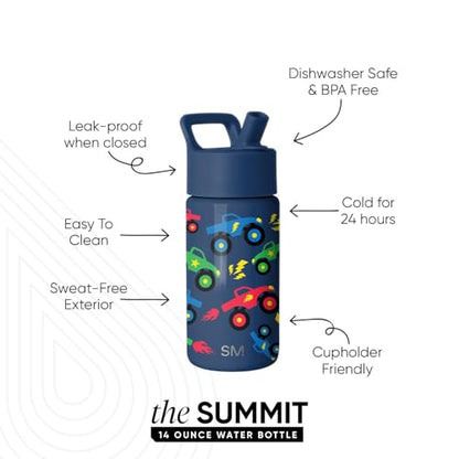 Simple Modern Kids Water Bottle with Straw Lid | 14oz Insulated Stainless Steel Kids Tumbler & Spill Proof Toddler Cup for School, Girls, Boys | Summit | Monster Truck Rally - color: -Monster Truck Rally, size: 14 Ounces