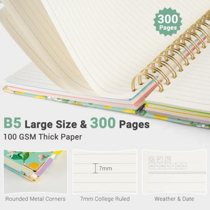 Hardcover Spiral Journal Notebook, 300 Pages 5 Subject Notebook College Ruled with Removable Dividers Tabs, 8" x 10" Notebooks for Work, Spiral Ruled Lined Writing Journal Hardcover Leather Notebook for School (Lemons and Flowers, 8''x 10'') - color: Lemo