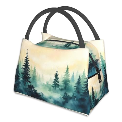 Insulated Lunch Bag,Green Forest Large Capacity Lunch Box for Women,Cute Watercolor Trees Portable Tote Bags Thermal Insulation Cooler for Students Adults School Work - color: Green Forest