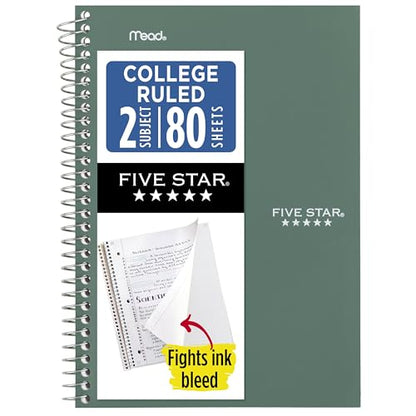 Five Star Spiral Notebook, 2 Subject, College Ruled Paper, 6" x 9-1/2", 80 Sheets, Fights Ink Bleed, Water Resistant Cover, Seaglass Green (840029CH1-ECM) - color: Seaglass Green, size: Pack of 1