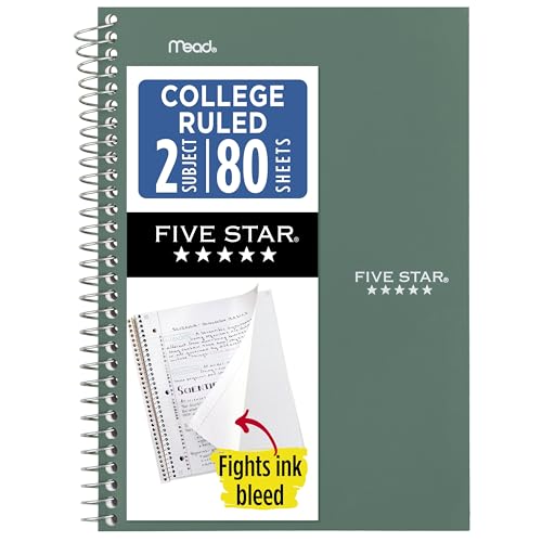 Five Star Spiral Notebook, 2 Subject, College Ruled Paper, 6" x 9-1/2", 80 Sheets, Fights Ink Bleed, Water Resistant Cover, Seaglass Green (840029CH1-ECM) - color: Seaglass Green, size: Pack of 1