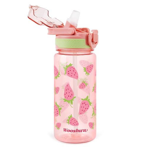 Kids Water Bottle for School, 20 Oz Plastic Straw Water Bottle with Silicone Spout and Leakproof Cover, Dishwasher Safe (Strawberry) - color: Strawberry, size: 20 Ounces