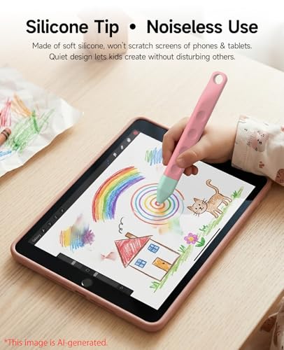 T Tersely 2 Pack Kids Stylus Pens, Pink & Purple Kid‑Friendly Touch Screen Pens, Anti‑Roll Soft Tip Stylus for Children Drawing&Writing, Universal Capacitive Pen for iPad, iPhone, Tablets&Smartphones