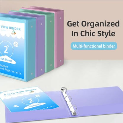 2 inch Binder 3 Ring, 4 Pack View Binder with 2 Pockets,PVC-Free,Customizable Clear View Cover for 8.5 x 11'' Letter Size Papers，Holds 450 Sheets, Round Ring - size: 2IN BINDER