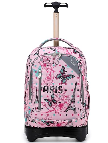 NEW TILAMI 18-Inch 6-Wheel Rolling Backpack for Kids, Pink Paris | Wear-Resistant Fabric Reinforced Stitching Tuck-Away Trolley Handle Back Support Storage For School Travel Essentials - color: Pink Paris Cute