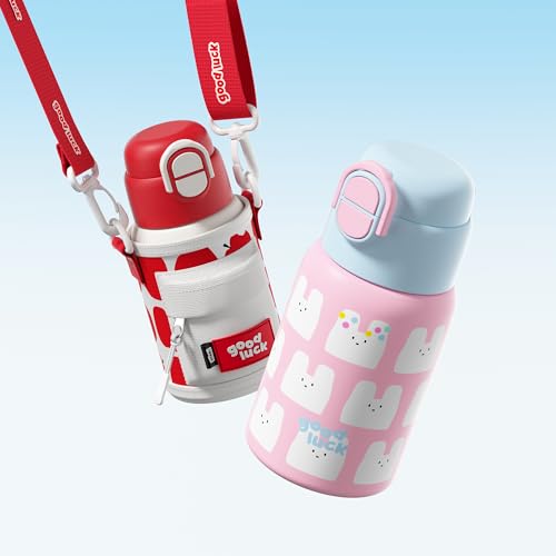 SDGA+ 22 oz Kids Water Bottle with Lid and Straw, Insulated Stainless Steel Tumbler Leak Proof, Portable Iced Travel Coffee Mug, Rabbit - color: Pink Rabbit