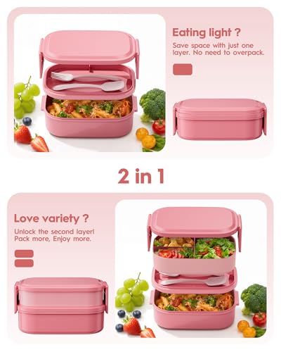 BiuLeon Bento Box Adult Lunch Box, 65 Oz Capacity Lunch Containers(Adjustable 2/3 Tier), BPA-Free, Leak-Proof and Stackable Bento Lunch Box, Microwave & Dishwasher Safe with Utensils(Pink) - color: Pink
