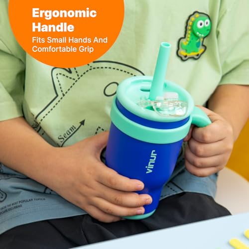 VINUR Kids Insulated Tumbler with Handle 14 oz Stainless Steel Double Wall Vacuum Travel Water Drink Cup with Lid and Straw (Navy) - color: Navy, size: 14 Ounces