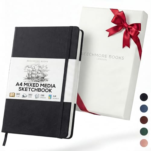 Beechmore Books A4 Mixed Media Sketchbook - 8.5"x11" Hardcover Lay-Flat Art Journal, 160 GSM / 98 lb Professional Ivory Paper, 156 Perforated Pages, Gift Box, Ink, Drawing and Light Watercolor - color: Charcoal Black, size: A4 - 8.5" x 11.5" Large