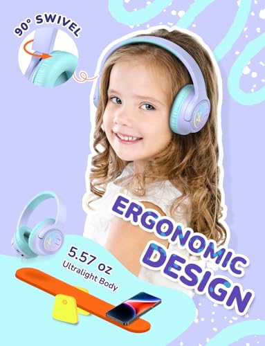 iClever BTH18 Kids Bluetooth Headphones LED Lights for Toddler Boys Girls | SafeSound Tech, 43H Playtime Stereo Sound, USB C Charging AUX Cable, Over Ear Kids Headphones Wireless for iPad/Tablet/Travel - color: Purple & Black