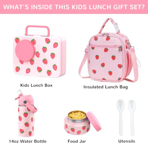 Bento Lunch Box for Kids Adult, Leakproof 3-4 Compartment Bento Box Set with Insulated Food Jar,Water Bottle, Lunch Bag, School Lunch Container for Toddler Teen Girls Boys Ages 3+(Strawberry) - color: Strawberry