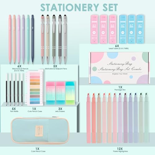 39PCS Aesthetic School Supplies with Cute Pencil Case, 5X Ballpoint Pens with Stylus Tip, 12X Pastel Highlighters, 6X Mechanical Pencil Set 0.5&0.7mm, Suit for Preppy School College Essentials(blue) - color: Blue