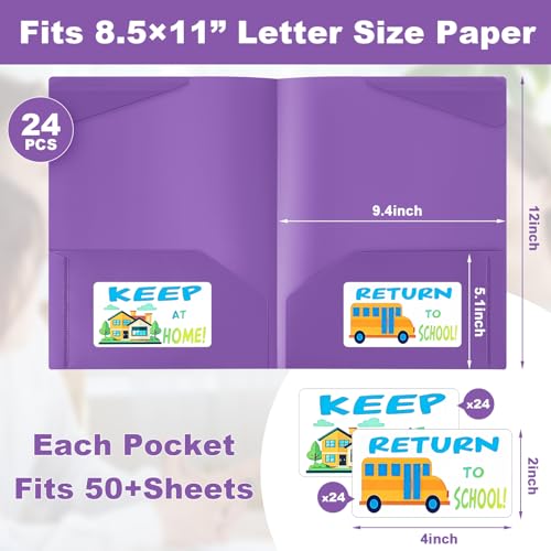 Henoyso 24 Pack Take Home Folders with 2 Pockets and Tabs, Plastic Classroom Communication Homework Folder School-to-Home with Clear Front Pocket for Students Parent Teacher Connector (Purple) - color: Purple