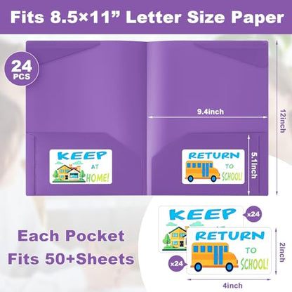 Henoyso 24 Pack Take Home Folders with 2 Pockets and Tabs, Plastic Classroom Communication Homework Folder School-to-Home with Clear Front Pocket for Students Parent Teacher Connector (Purple) - color: Purple