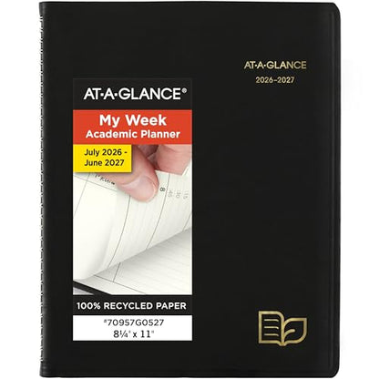 AT-A-GLANCE Planner 2026-2027 Weekly & Monthly Academic 12-Month July-June Quarter-Hourly Appointment Book, 8-1/4" x 11", Recycled, Black (70957G05)