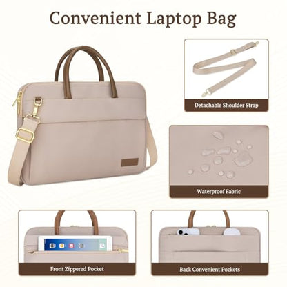 RAINYEAR 14 Inch/15.6 Inch Laptop Bag with Pockets & Handle for Women | Protective Waterproof Elegant Computer Large Capacity Shoulder Bag Case Compatible with MacBook Laptop Computer Notebook - color: Khaki, size: 15.6 Inch