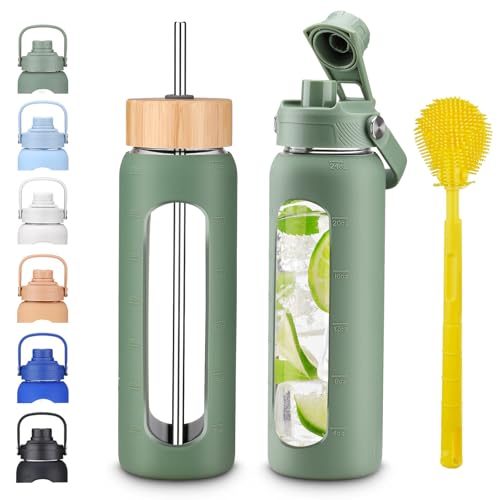 24 oz Borosilicate Glass Water Bottle with Bamboo Lid, Stainless Steel Straw, 2 Leak-Proof Lids, Silicone Sleeve, BPA Free for Gym, Office, Home & Travel - color: Olive, size: 24 Ounces