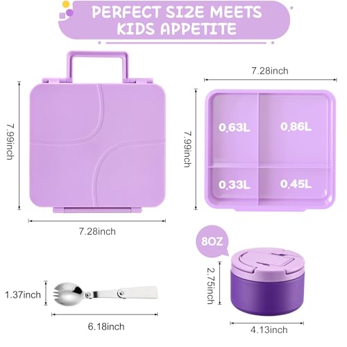 MAXSO Bento Lunch Box Set for Kids with 8 oz Soup Thermo, Leakproof Hot Food Container with 4 Compartments, Insulated Food Jar for Toddler Daycare Boys Girls School - Purple - color: Purple