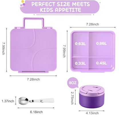 MAXSO Bento Lunch Box Set for Kids with 8 oz Soup Thermo, Leakproof Hot Food Container with 4 Compartments, Insulated Food Jar for Toddler Daycare Boys Girls School - Purple - color: Purple