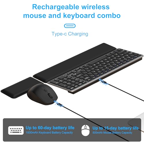 Ultra Slim Quiet Silent Wireless Keyboard and Mouse Combo with Magnetic Wrist Rest, Rechargeable Quiet Full-Size Keyboard and Mouse Combo Set Ultra Slim Design for Computer, Mac, Laptop, PC