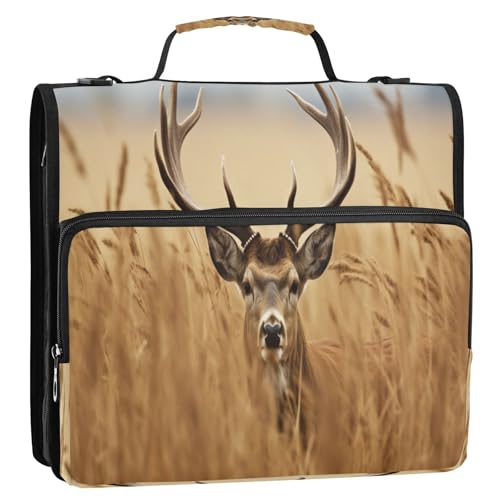 Deer Standing in Grass Zipper Binder 3 Ring with Shoulder Strap and Handle Multiple Pockets Expanding File Folder Organizer