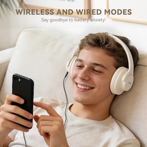KVIDIO Bluetooth Headphones Over Ear, 65 Hours Wireless Headphones with Mic, Low Latency Foldable Lightweight Headset with Deep Bass, HiFi Stereo Sound Headphones for School Work Cellphone Sports - color: Beige