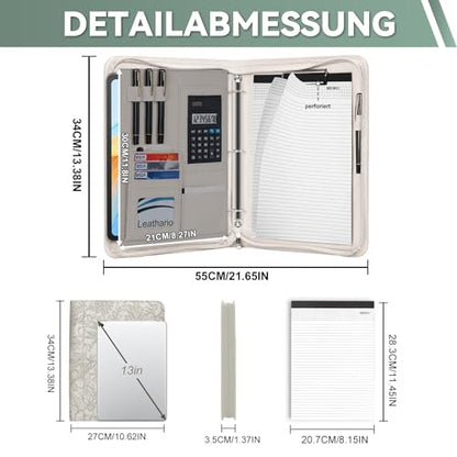 Leathario Portfolio Binder, Includes 5 Sheet Protectors and a Pen, 13 Inch Tablets Organizer, Vegan Leather A4 Padfolio, Multi-Pocket Notepad Business Planner Professional Document - color: Relief White