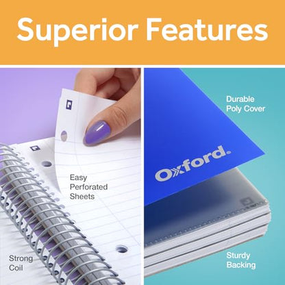 Oxford Spiral Notebook with Free Study App, 3 Subject, Wide Ruled, Ultra Smooth Paper, No Ink Bleed-Through, Strong Poly Blue Cover, 3 Durable 2 Sided Pockets, 150 Easy Perforated 8.5" x 11" Sheets - color: Blue