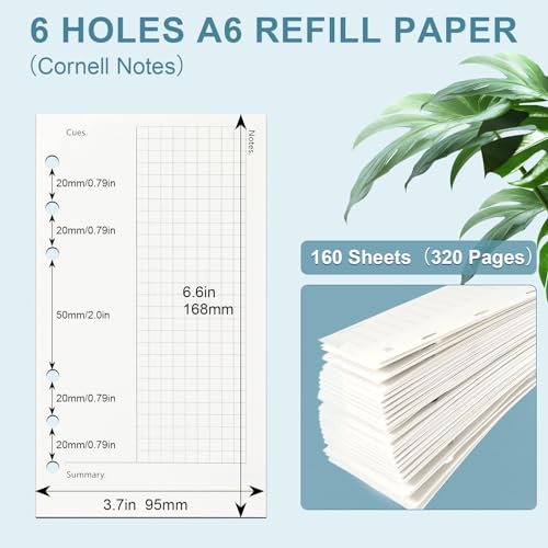 Toplive A6 Refill Paper, A6 Cornell Notetaking System Filler Paper, 6 Holes Notebook Binder Inserts Loose Leaf Paper 160 Sheets, for Business Meeting College Study Reading Notes - style: Cornell Notes 2 Pack