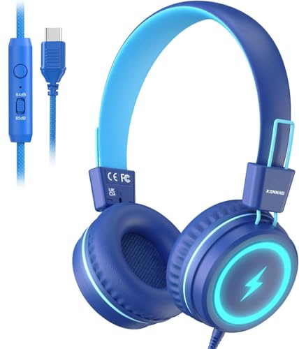 Kid Headphones for School, USB Type C Kids Headphone with LED Lights, Wired Boys Girls Headphones with Safe Limiter 85dB/94dB, Foldable On Ear Headphones with Microphones for Girls, Boys, iPad-Blue - color: Blue