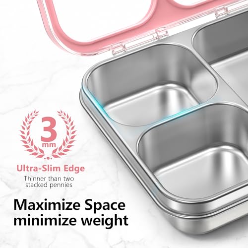 HOMEKOL Stainless Steel Bento Lunch Box 3-Compartment, 4.2Cups, Pink | Leak-Proof Metal Lunch Container for Kids & Adults, BPA-Free, Dishwasher Safe, Clear Tritan Lid, 1000ml (Not Insulated) - color: Pink, size: 34oz (1000ml)